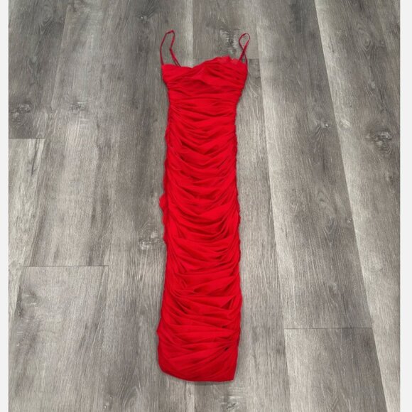 HOUSE OF CB Sirene Ruched Mesh Midi Dress Red Womens XS - Picture 1 of 8